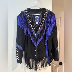 Tribe America Retro Fringe Leather Jacket With Bone And Stud Trim Size 24